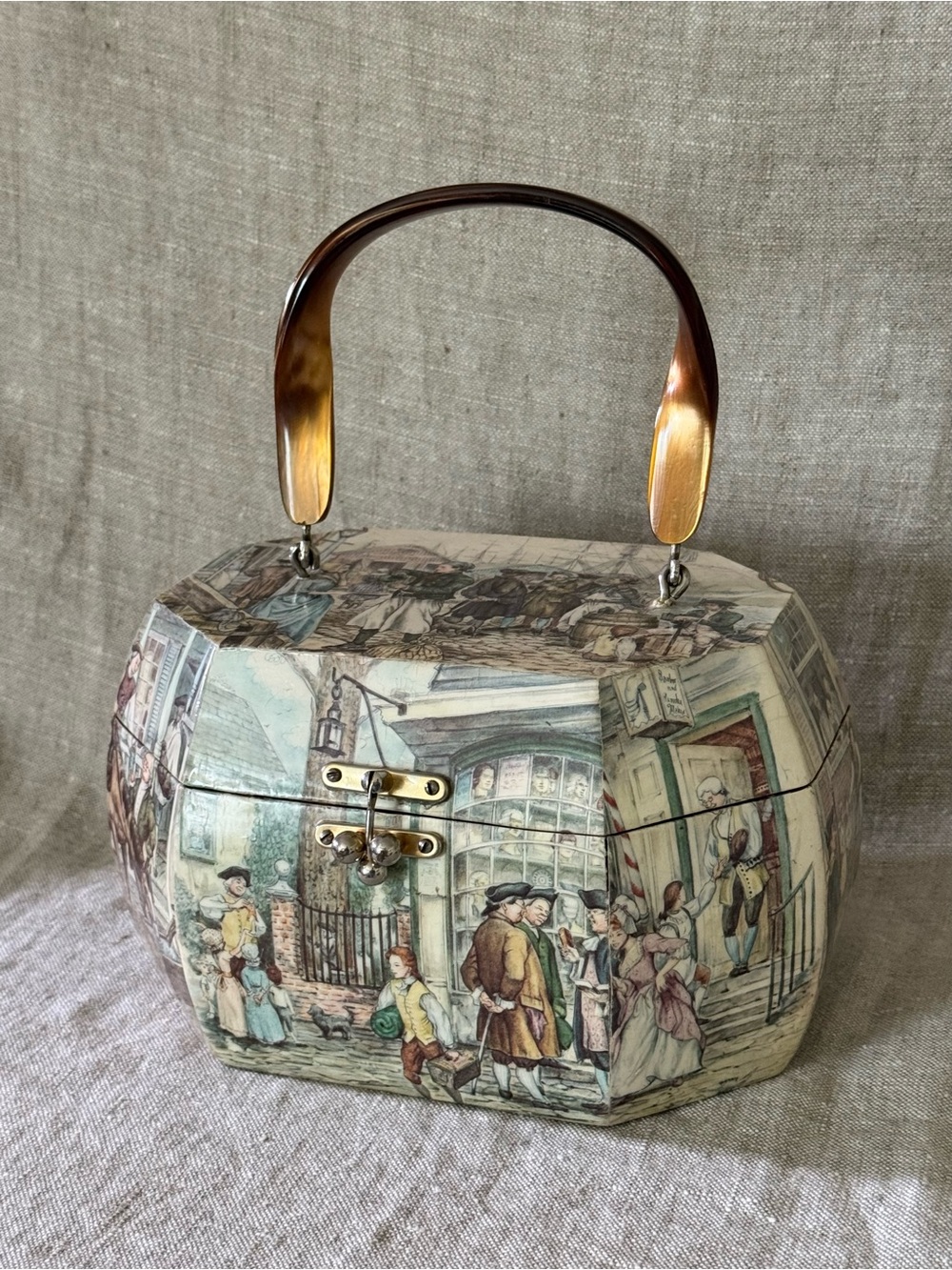 Vintage wooden box purse Anton Pieck Colonial Boston print lucite handle 60s 70s